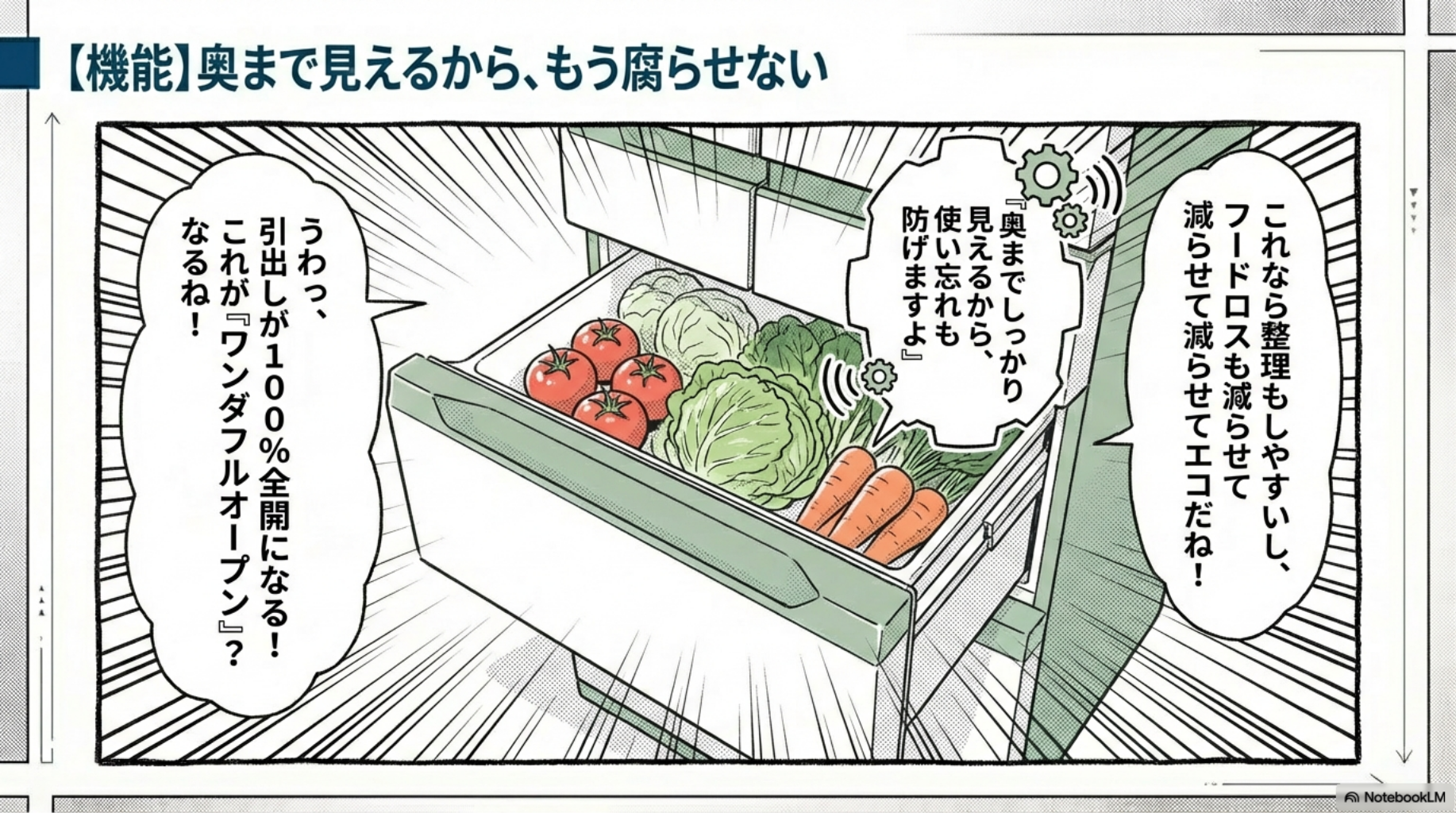 【パナソニック 冷蔵庫】引出しが100%全開になる「ワンダフルオープン」で奥まで見える