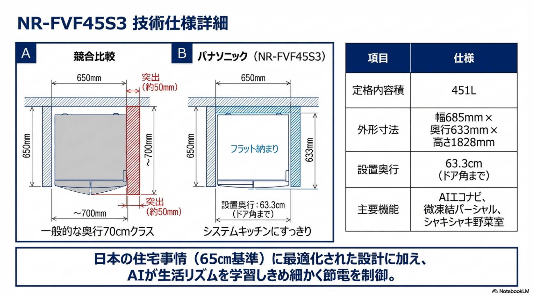 【パナソニック 冷蔵庫技術】NR-FVF45S3 技術仕様詳細。日本の住宅事情に最適化された設計