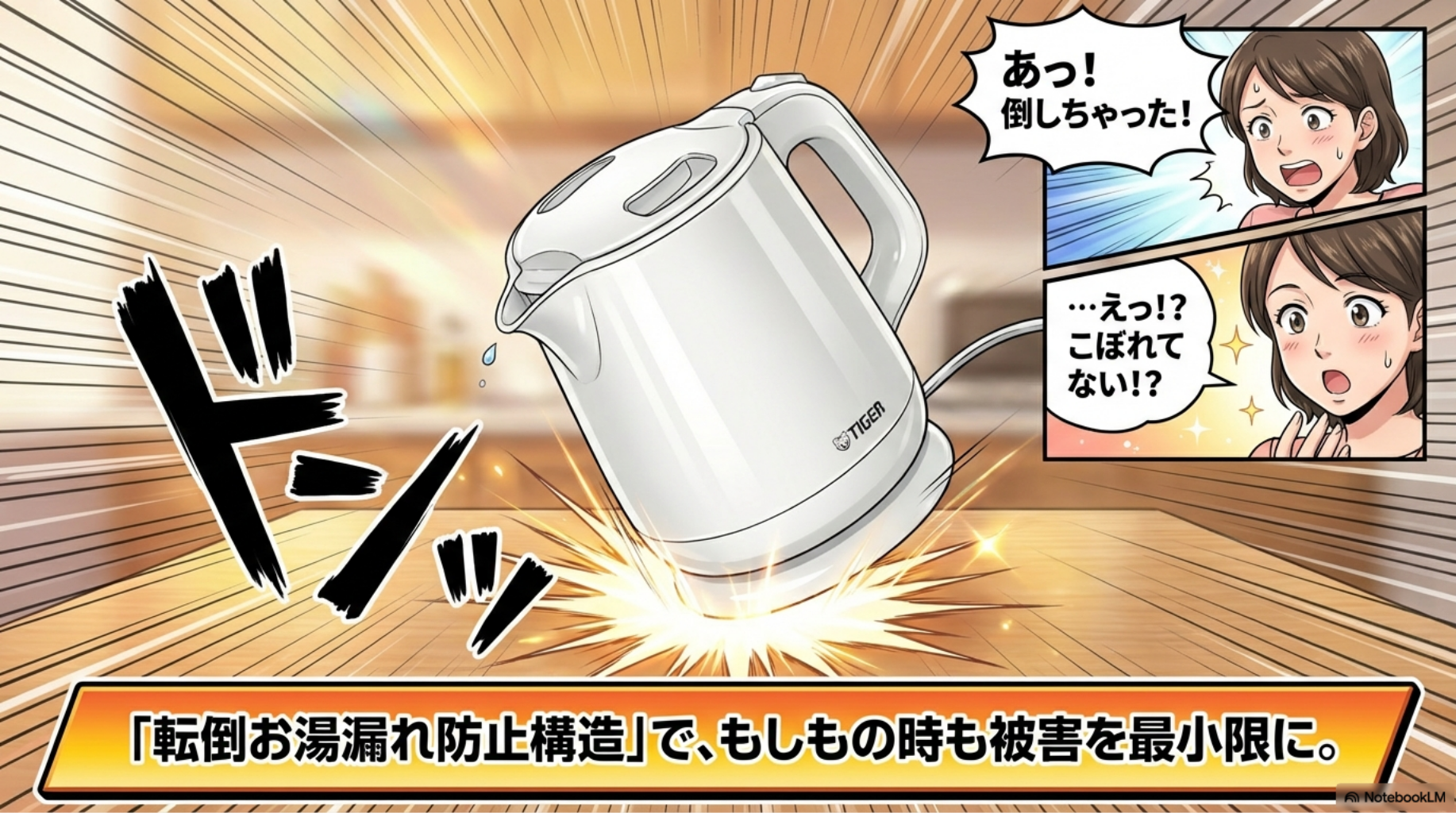 【タイガー 電気ケトル】転倒お湯漏れ防止構造で、もしもの時も被害を最小限に