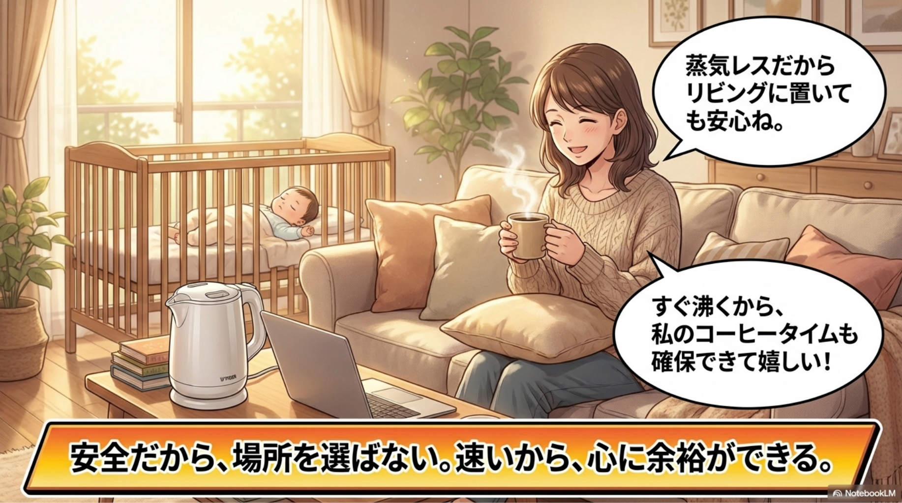 【タイガー 電気ケトル】蒸気レスだからリビングに置いても安心。心に余裕ができる